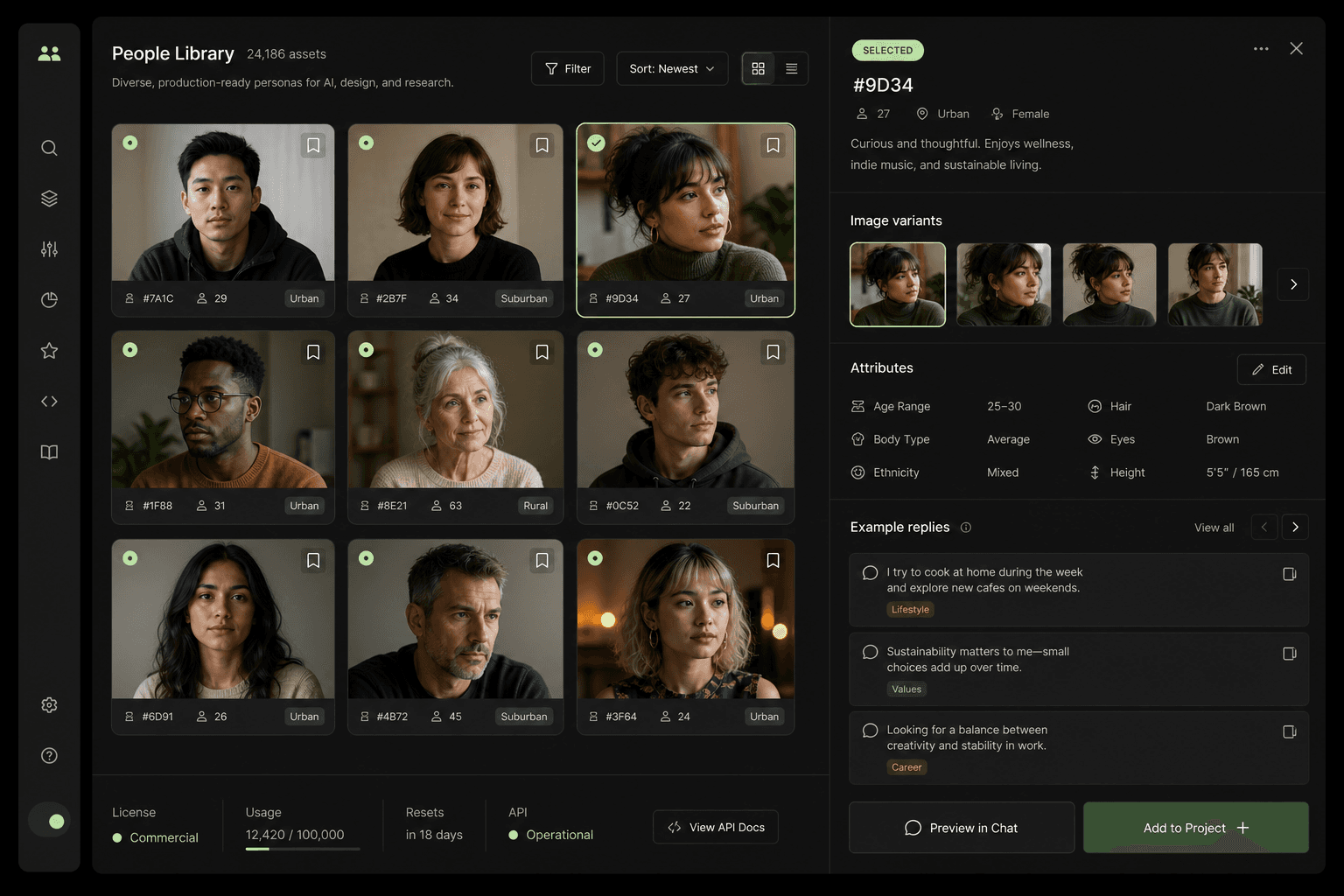 Dark interface mockup of a CastStock fictional people grid with persona details and reply examples.