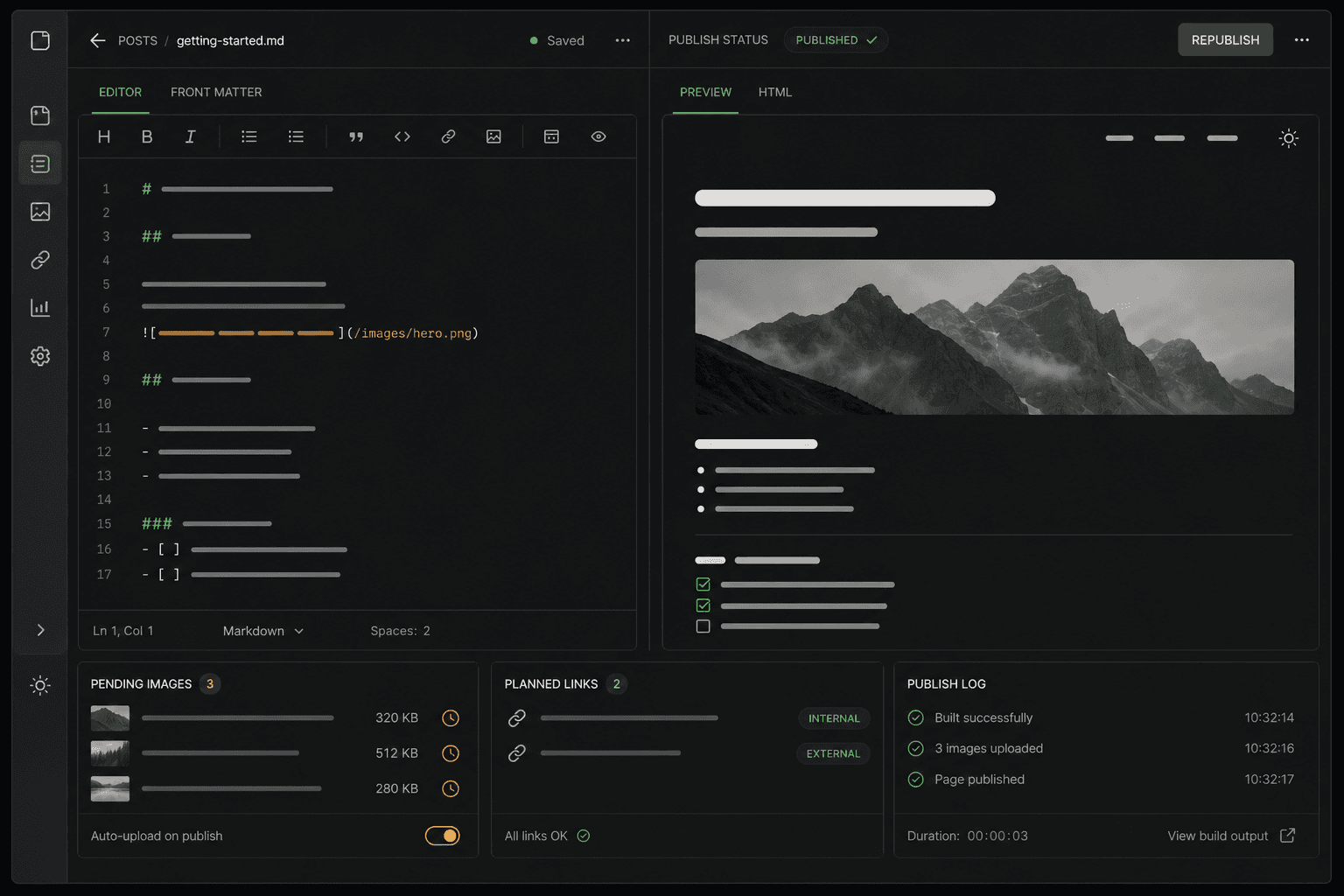 Dark interface mockup of a Litepress Markdown editor, publishing queue, and rendered page preview.