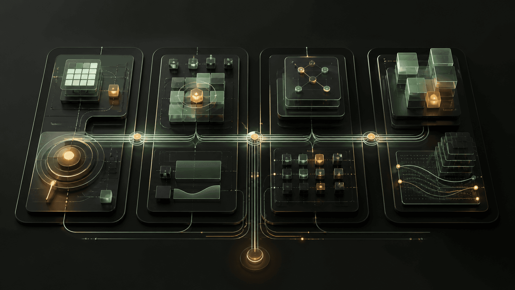 Four connected architecture engagement shapes represented as calm technical workstreams.