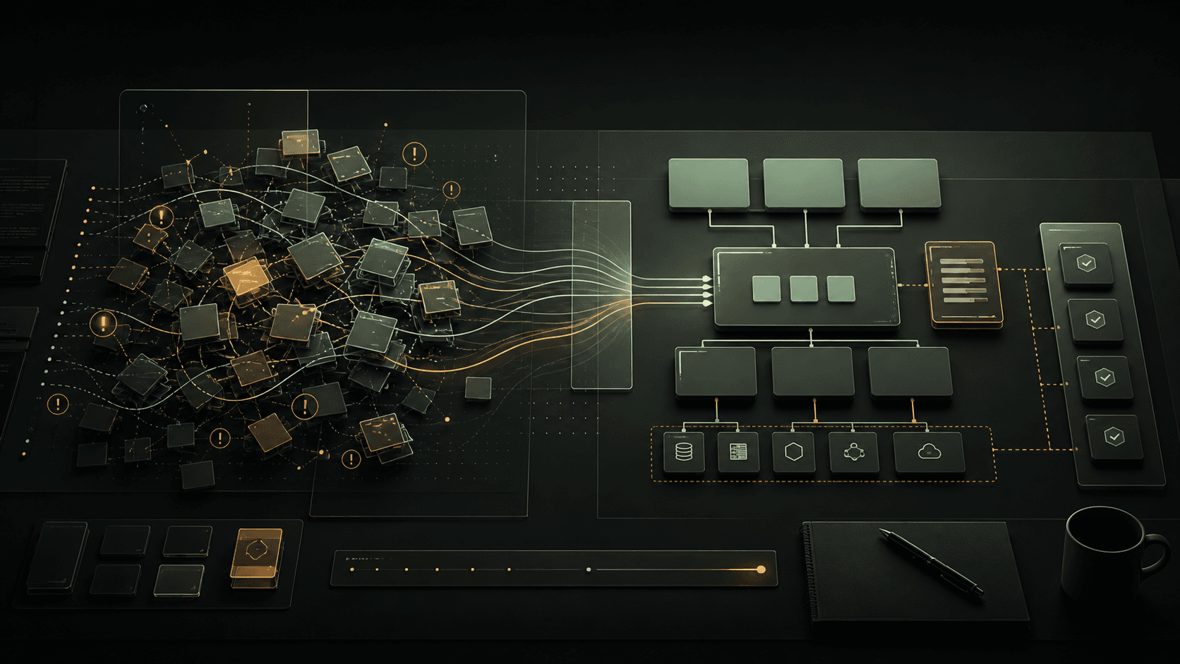 A messy technical system becoming a clear architecture map before implementation starts.