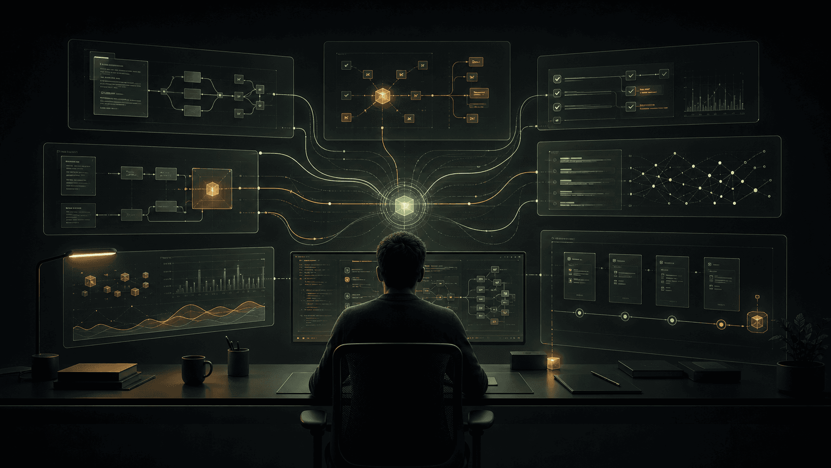 A focused builder workstation surrounded by coordinated AI-assisted execution streams.