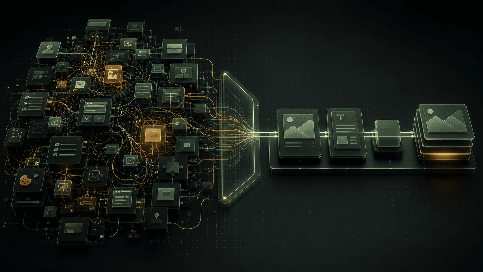 A tangled CMS plugin system resolving into a smaller structured publishing pipeline.