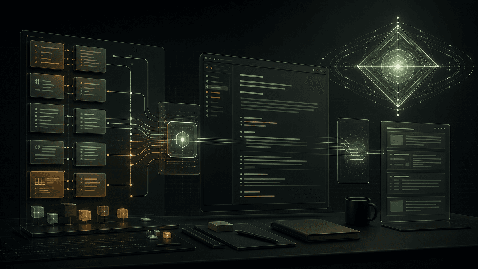 A structured editor, system rule registry, and AI context layer connected in a publishing workflow.