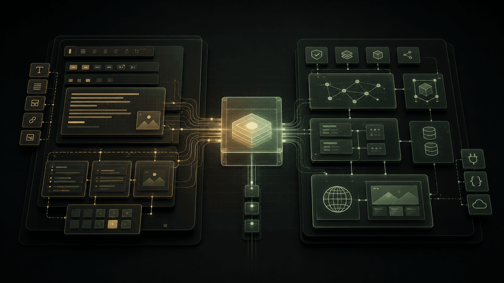 One semantic content block splitting into synchronized editor and backend runtime lanes.
