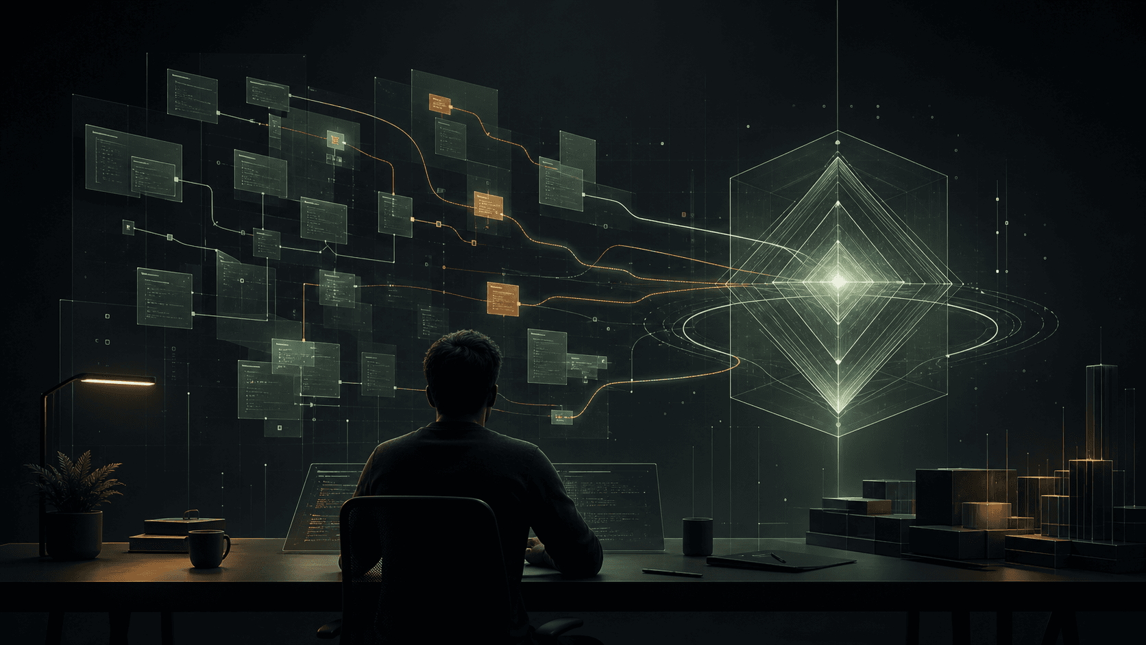 A developer facing an abstract code map where an AI agent detects architectural friction.