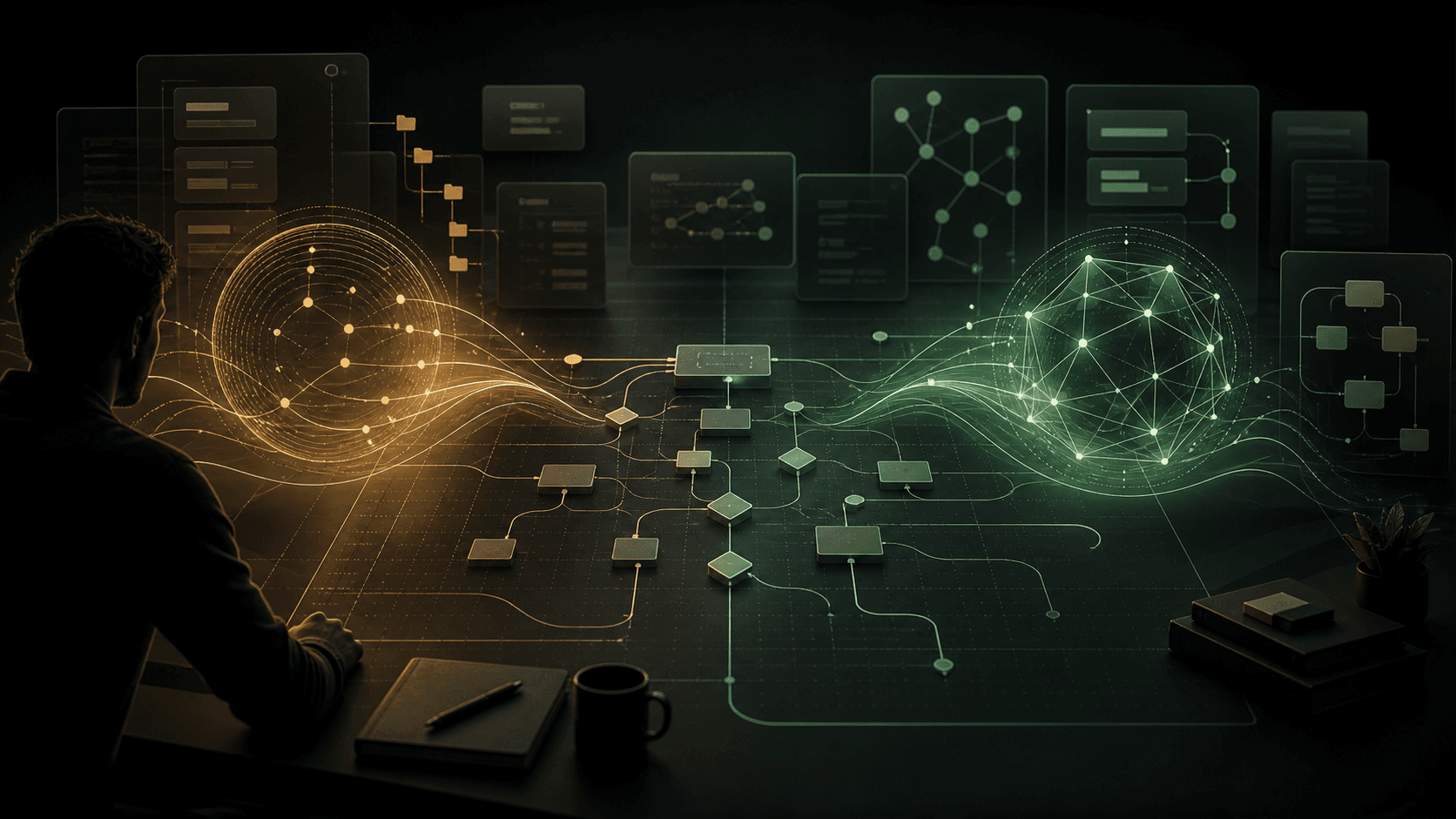 An abstract visualization of alignment between a developer, an AI agent, and a codebase map.